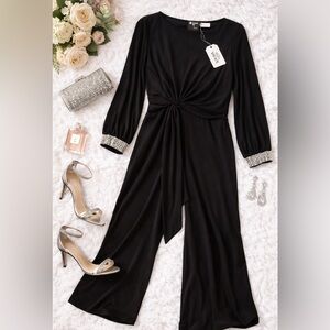 MSK Black Long-Sleeve Knot Waist Jumpsuit with Beaded Cuffs